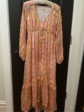 eryn metallic print tie waist long sleeve maxi dress Ciebon Eryn Metallic Print Tie Waist Long Sleeve Maxi Dress Sz XS $160 *1718